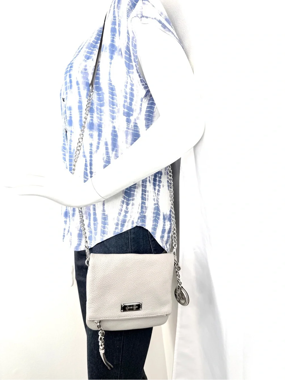 Michael Kors Gray Leather Mini Fold Over Crossbody Bag Chain Strap Charm 1606